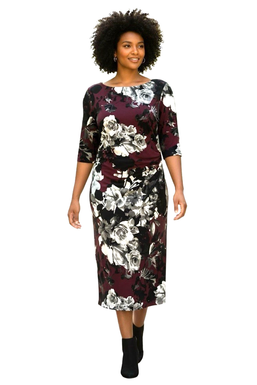 Connected Apparel Plum Stretch Knit Floral Jersey 1/2 Sleeve Knee Dress sz 14